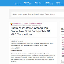 Cuatrecasas Ranks Among Top Global Law Firms For Number Of M&A Transactions
